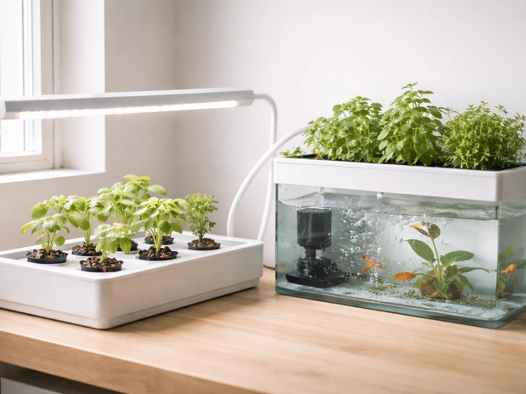 Compact indoor hydroponics and aquaponics setup with leafy greens, net pots, water, and a nearby fish tank