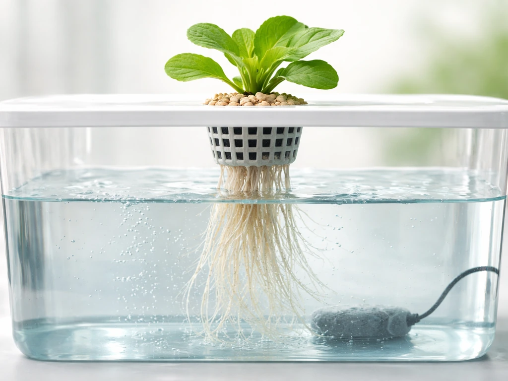 Hydroponic plant roots in net pots suspended above a nutrient reservoir with gentle bubbles and airflow