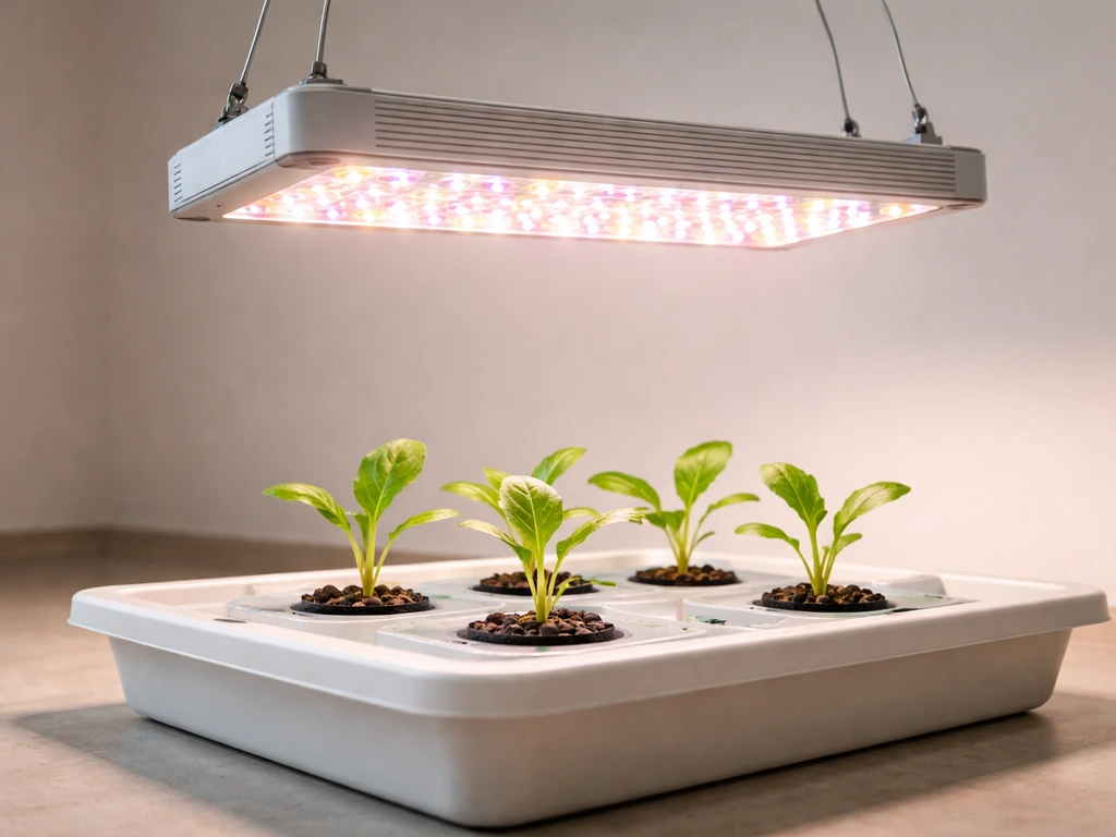 Full-spectrum LED grow light shining over a small DWC raft with seedlings indoors.