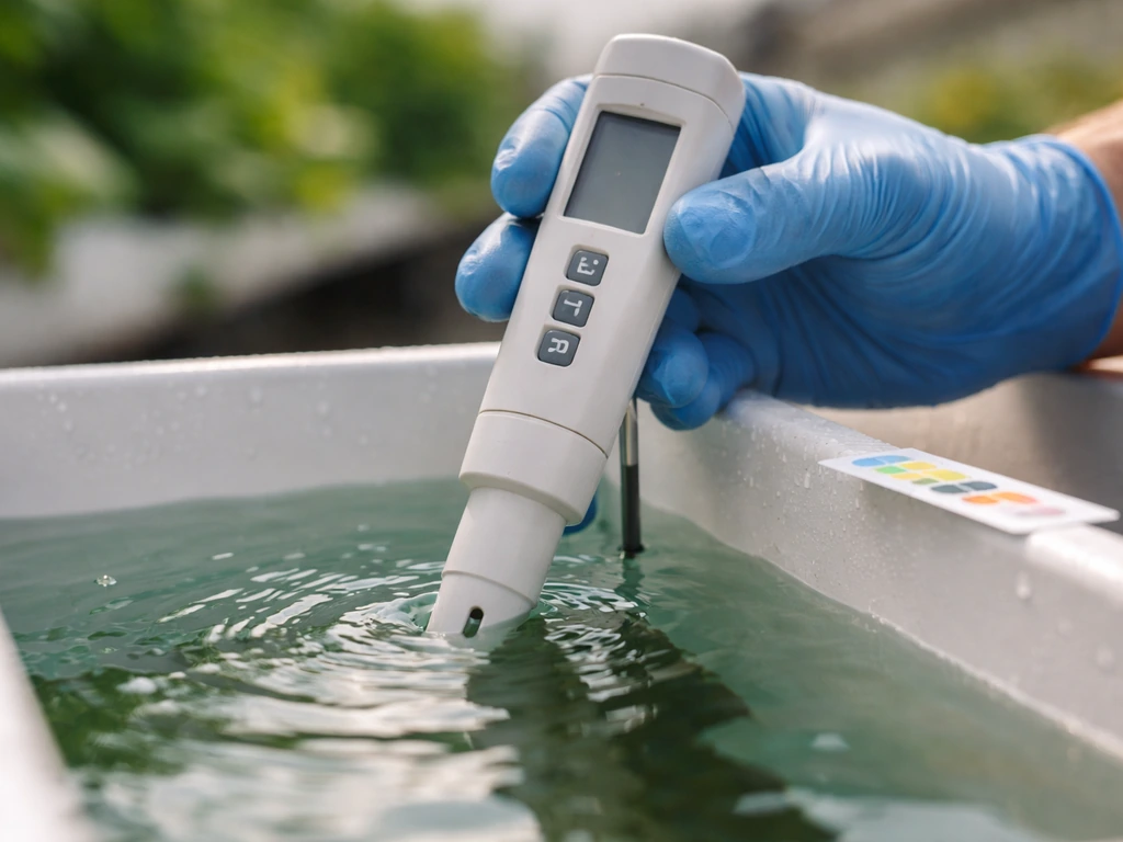 Closeup of gloved hands testing hydroponic nutrient solution with a pH/EC probe in a reservoir.