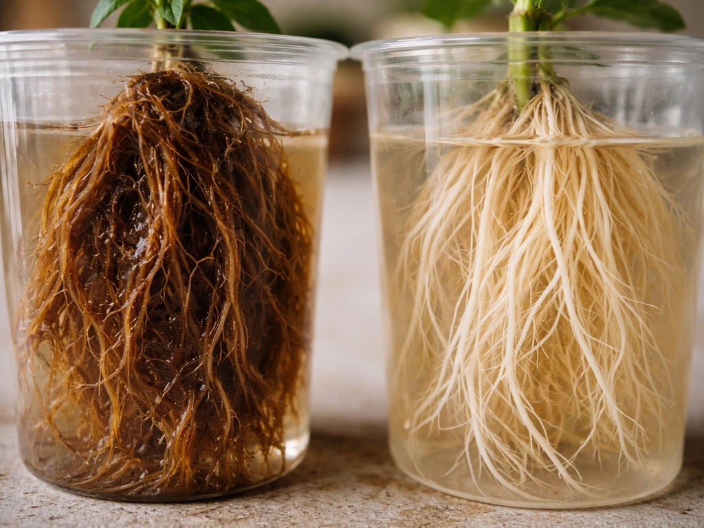 Close-up comparison of brown slimy root rot roots versus healthy white/cream hydroponic roots.