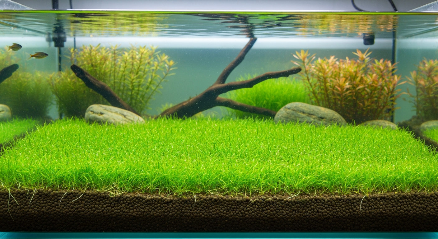 Photorealistic aquarium with a thick, vibrant hairgrass (Eleocharis) carpet over fine aquasoil in the foreground, with driftwood and rocks in the midground and clear water under planted-tank lighting.