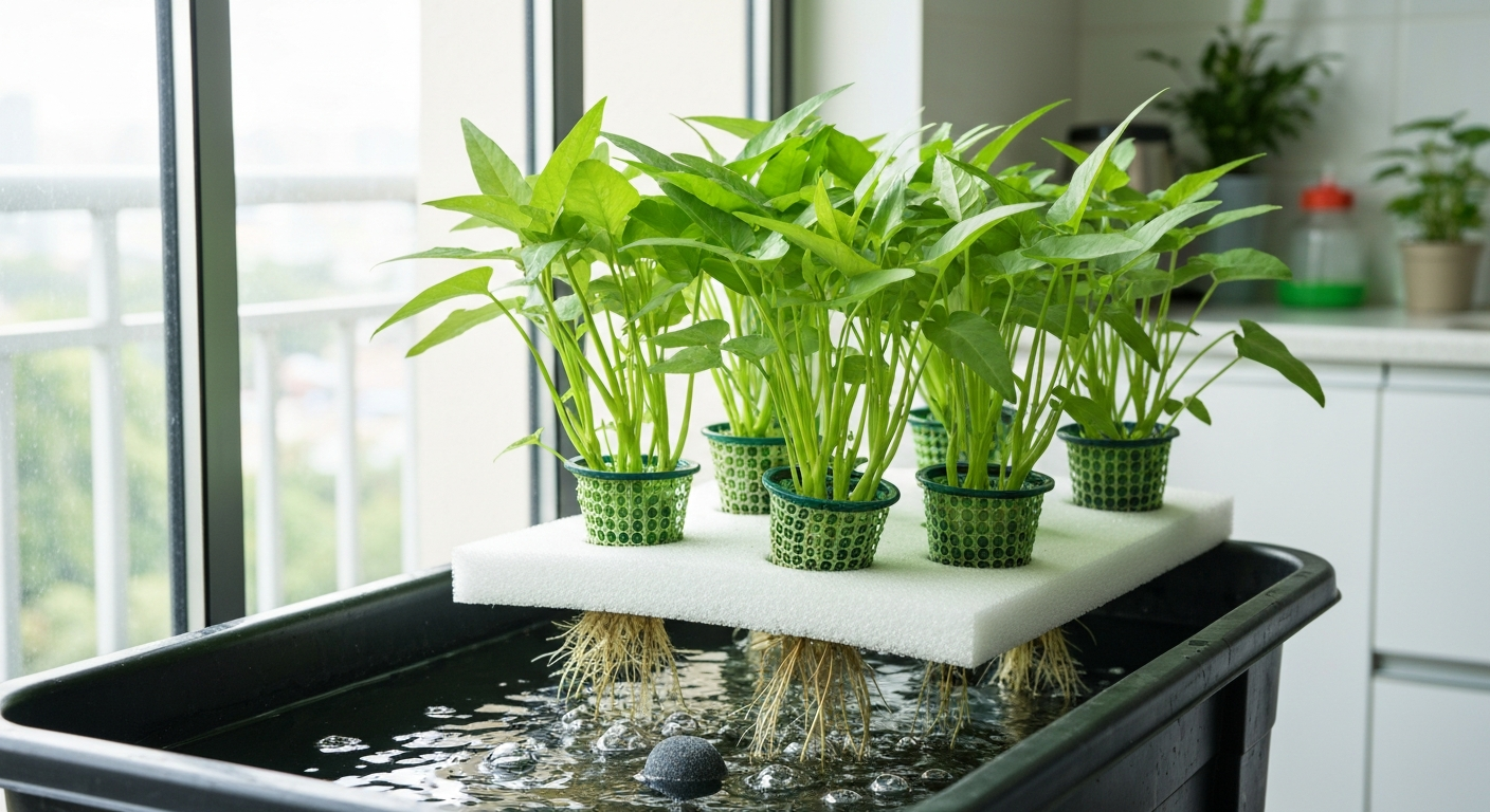 Healthy kangkong plants growing in a home floating raft hydroponic system, with roots visible in the water.