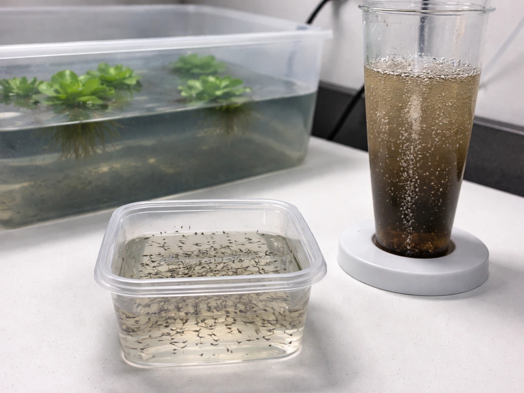 Aquatic grow setup: tub with plants, nearby mosquito-larva container, and separate Artemia hatch vessel.