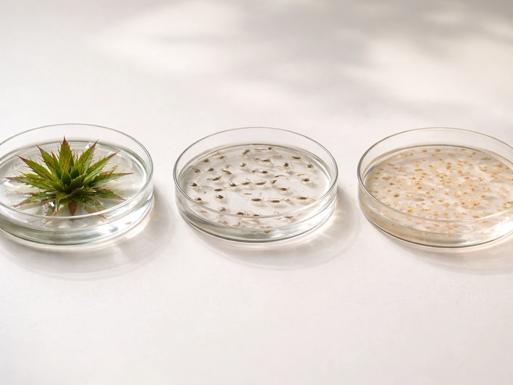 Three shallow dishes side by side: spiky aquatic plant, mosquito larvae, and brine shrimp in water.