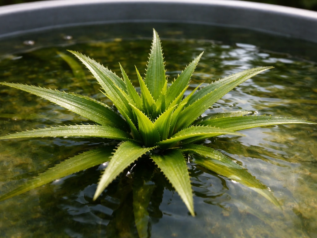Close-up of Stratiotes aloides rosette with spiky submerged leaves in a large tub pond