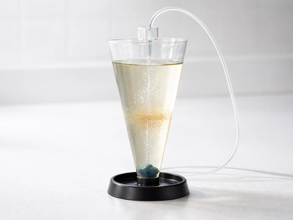Clear bottle brine shrimp hatching vessel with aeration bubbles and a faint nauplii cloud in water.