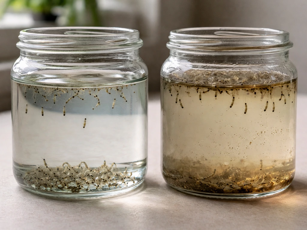 Two small clear containers of mosquito larvae: one clean and healthy, one fouled with murkier water and slow growth