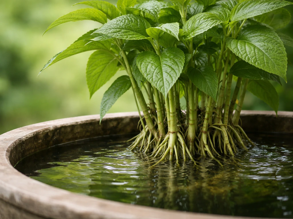 Lush madre de agua growing at a pond edge, roots submerged and leaves emerging over clear water.