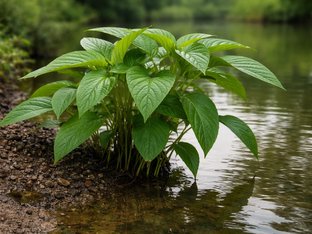 Green Trichanthera madre de agua plant growing at the edge of a pond, leaves above the waterline.