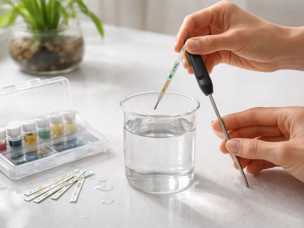 Closeup of a water test kit and digital thermometer checking pH and root-zone temperature in a small plant setup.