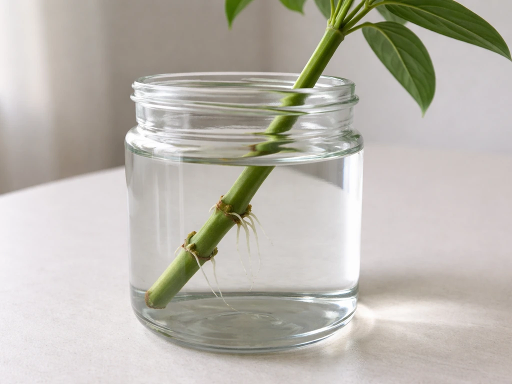 Healthy stem cutting in a clear jar of water with visible node area where roots begin to form