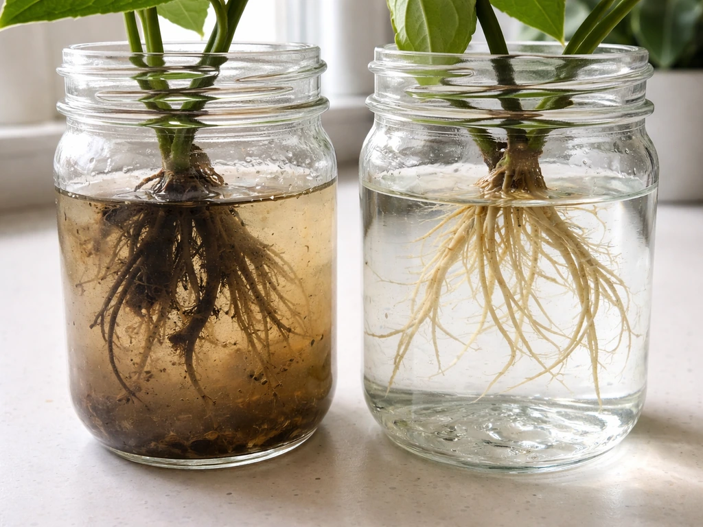 Side-by-side clear containers showing mushy dark rotting roots in cloudy water vs healthy roots in clear water.