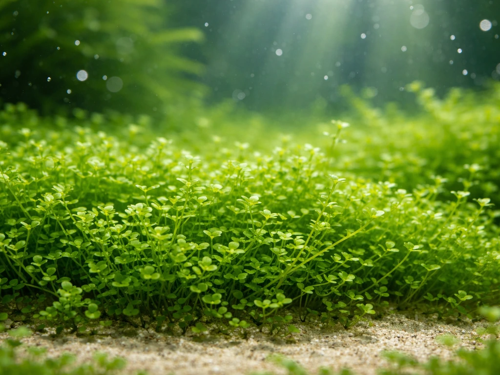 Bright green pearl weed carpet growing submerged in a planted aquarium, close-up with clear water and tiny leaves.