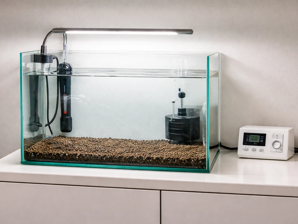 Clean aquarium/hydroponic setup with tank, heater, gentle circulation, LED light, and timer ready for planting.