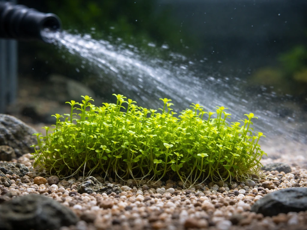 Pearl weed aquascape midground, safely away from a filter outlet’s water stream, stems intact.