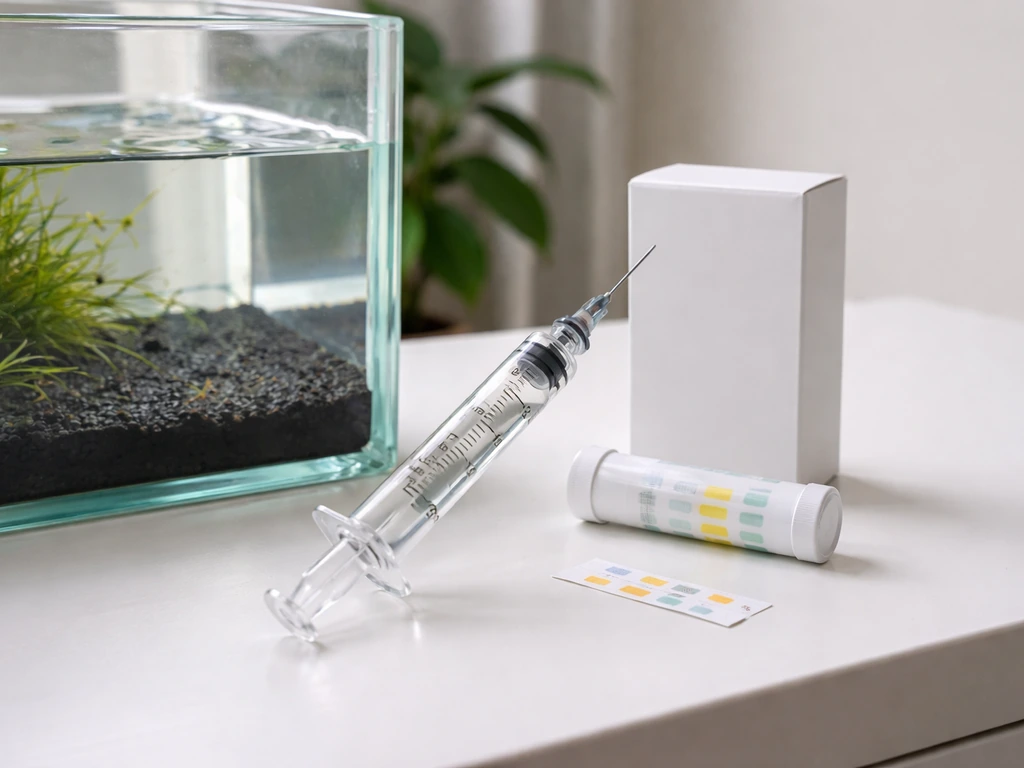 Close-up of a dosing syringe and aquarium water test strips beside a small tank of water.
