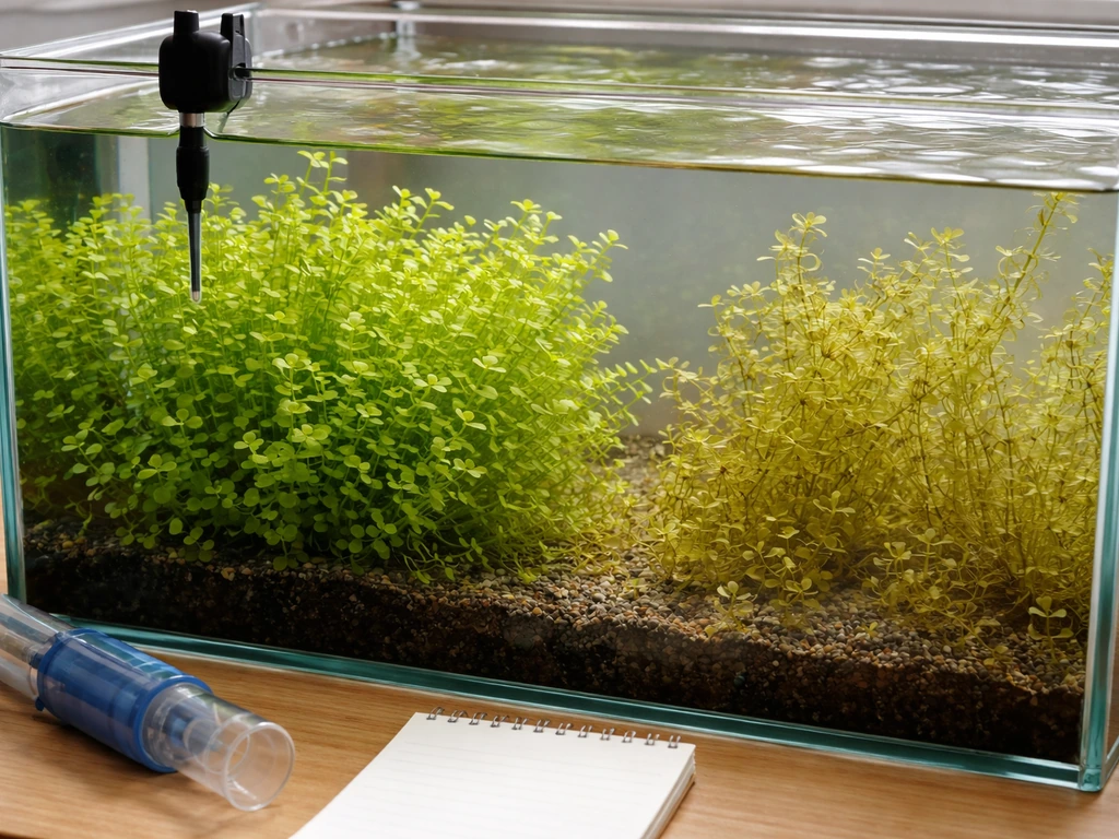 Aquarium with pearl weed fading from healthy green to translucent melting, with simple tools nearby.