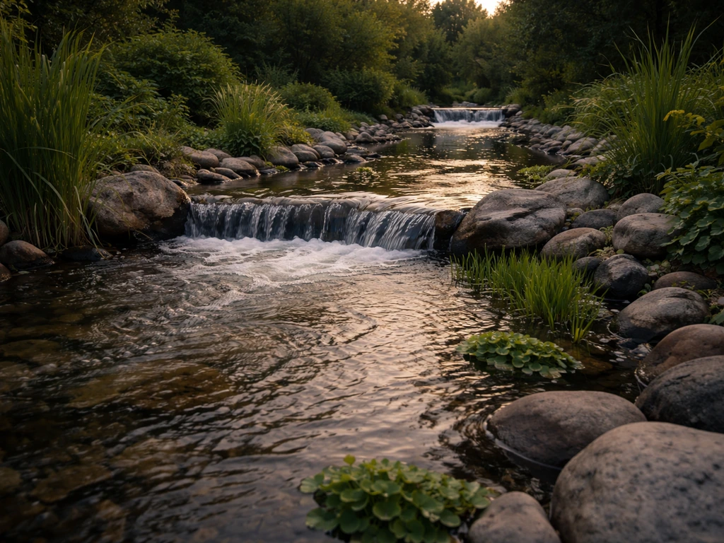 Cinematic wide view of a home stream system with clear flowing water over a small weir through planted aquatic habitat.