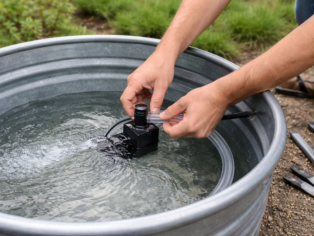 Hands connect tubing to a pump in a stock tank setup, with visible water flow for a tub stream.