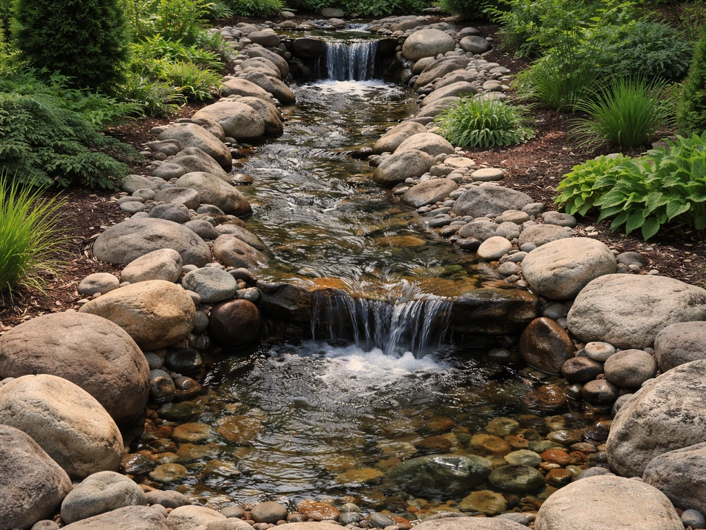 Outdoor yard with a lined recirculating stream channel, pump at the low point, and water flowing back to the head.