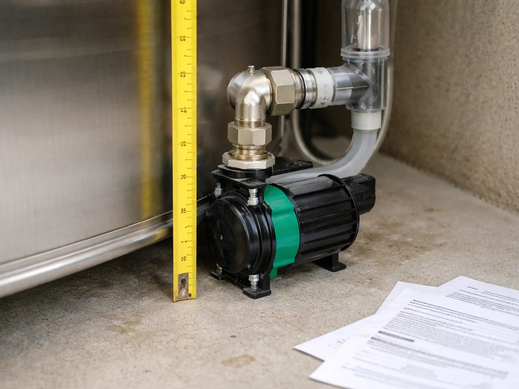 Installed recirculation pump close-up with measuring tape showing head height near the return connection.