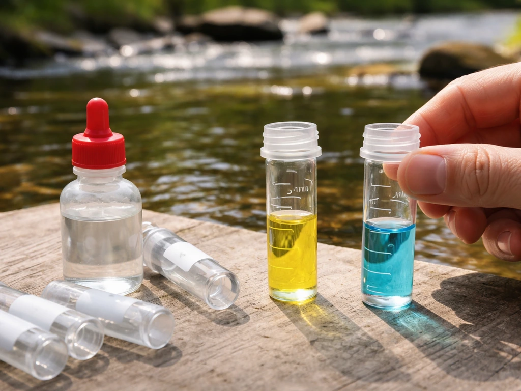 Close-up of aquarium water test vials being prepared with stream water beside a gentle stream