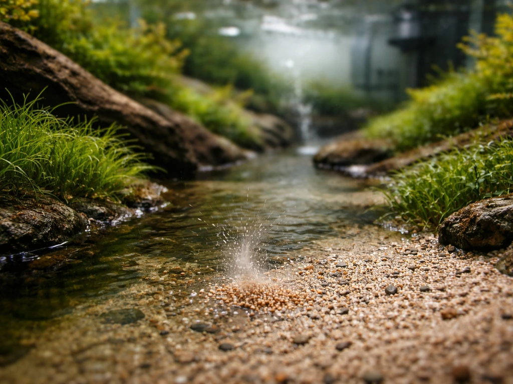 Small feeding moment in a planted stream aquarium with gentle flow, plants, and a filtration intake in view.