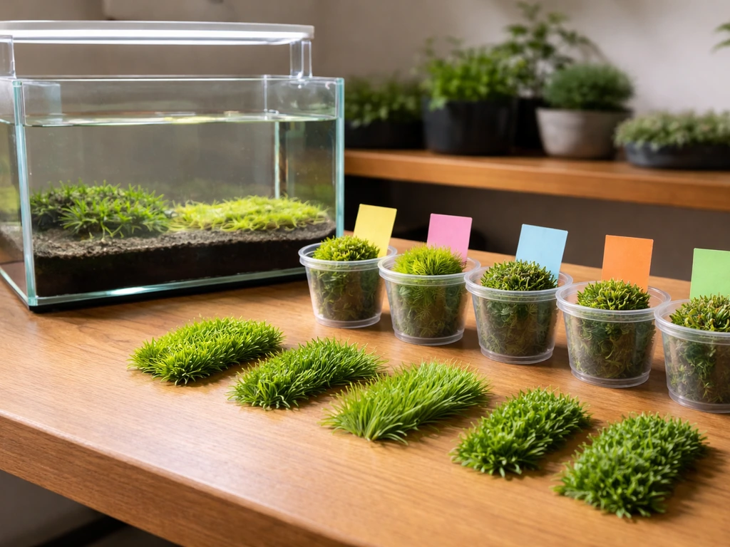 Aquascaping table with three labeled sample leaves and a small planted tank in soft natural light