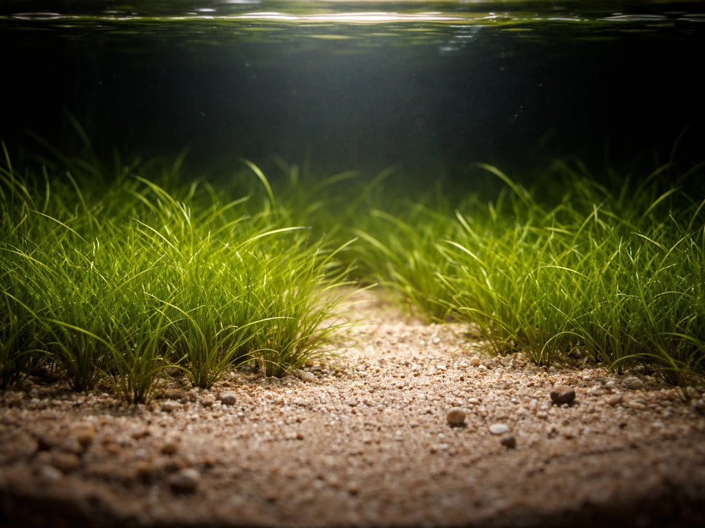 Close-up aquarium carpet under strong overhead light, beam reaches the substrate surface.
