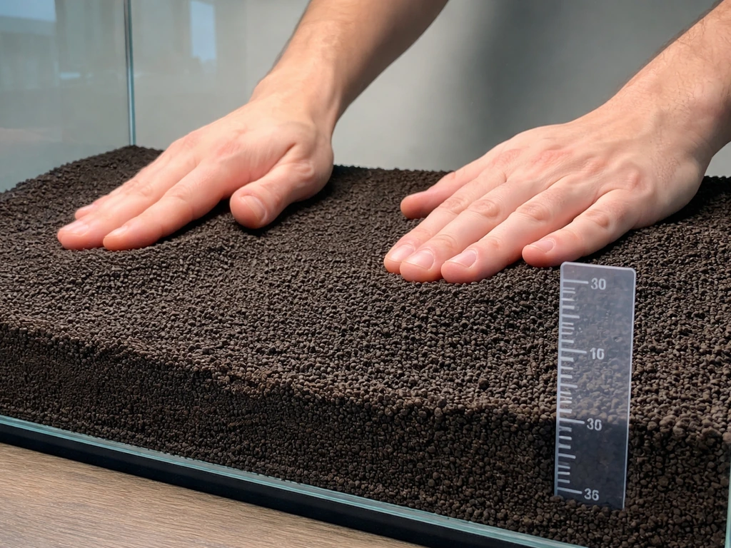 Hands leveling fine aquasoil in an aquarium, with a depth marker showing 2.5–3 inch substrate.