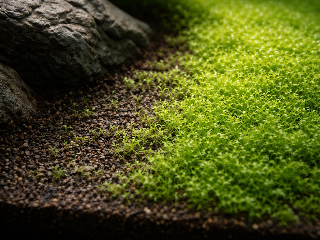 Aquarium substrate with patchy carpet plants near a rock edge and thicker growth in brighter areas