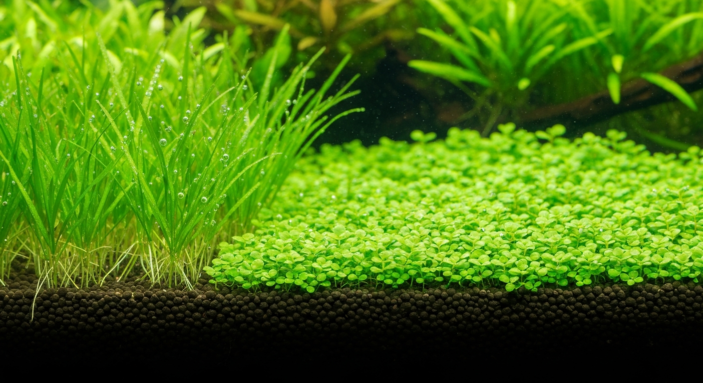 Close-up planted aquarium foreground showing Lilaeopsis (grass blades) and Micranthemum (tiny round leaves) carpeting fine substrate.