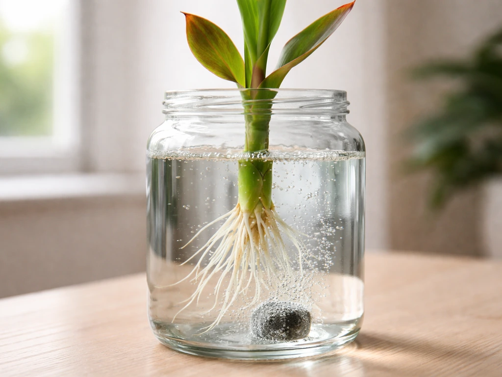 Water-grown canna cutting in a clear container with visible white roots and gentle aeration bubbles.