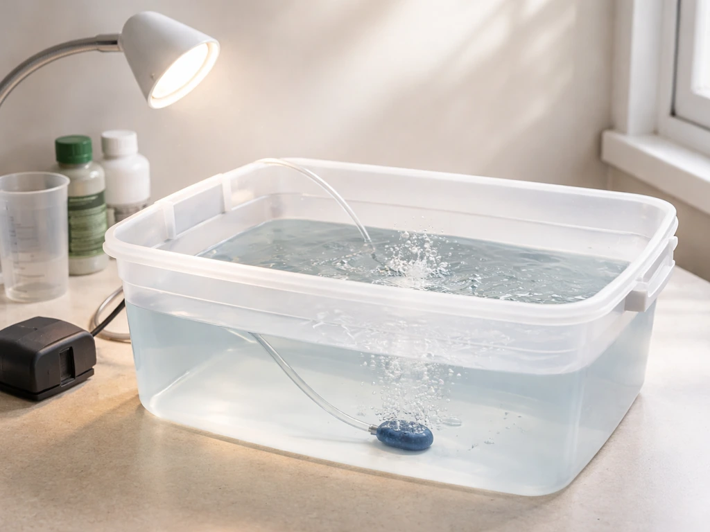 Beginner water-culture setup for cannas with tub, air stone, air pump, grow light, and nutrient solution