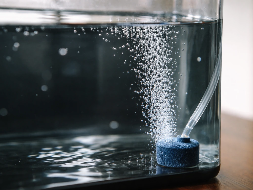 Close-up of an air stone releasing fine bubbles in nutrient water to oxygenate plant roots