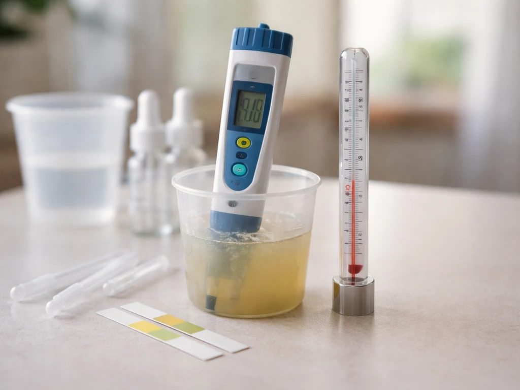 pH meter, test strips, and thermometer next to mixed nutrient solution in a simple indoor setup
