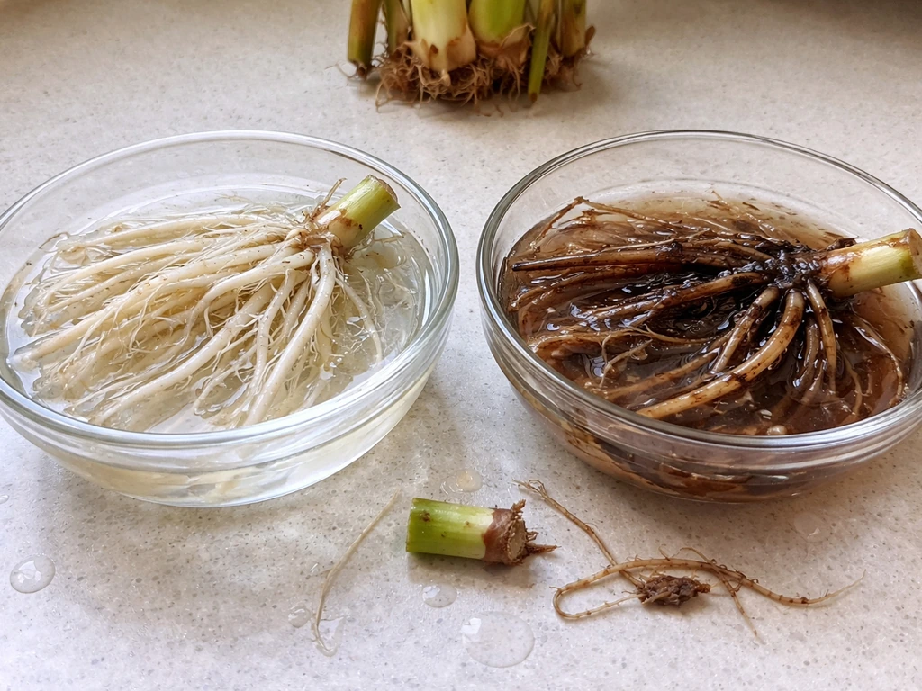 Healthy white roots beside brown slimy rot roots removed from water-grown cannas in shallow bowls.
