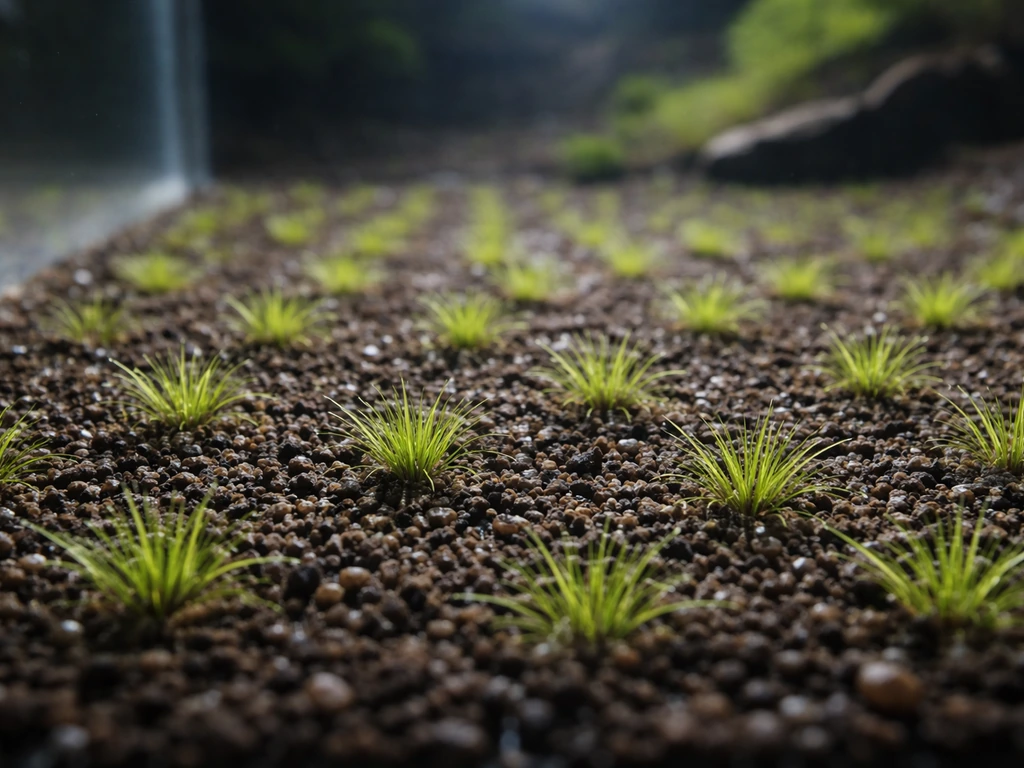 Close-up aquarium view showing fine small-leaf grass blades carpeting substrate from seed during early growth