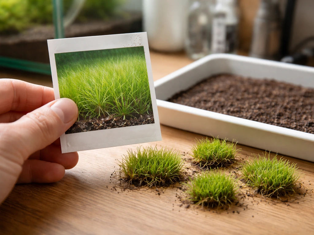 Hand holding an aquascaping plant seed packet beside damp substrate and low-growing dwarf carpet plant clumps.