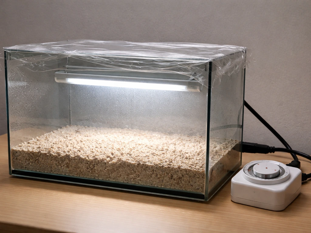 Close-up of a tank with substrate and a full-spectrum LED grow light shining near the bottom, implying timed light.