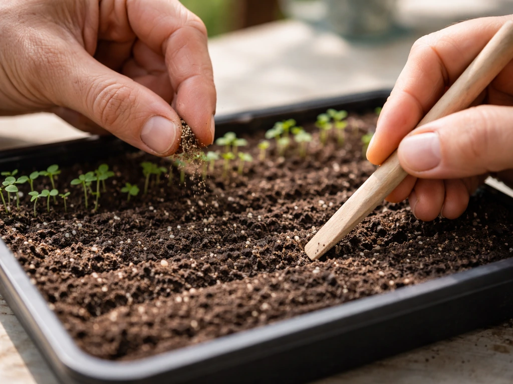 Hands sprinkle seed mix into dry soil and gently press it into a seed tray.