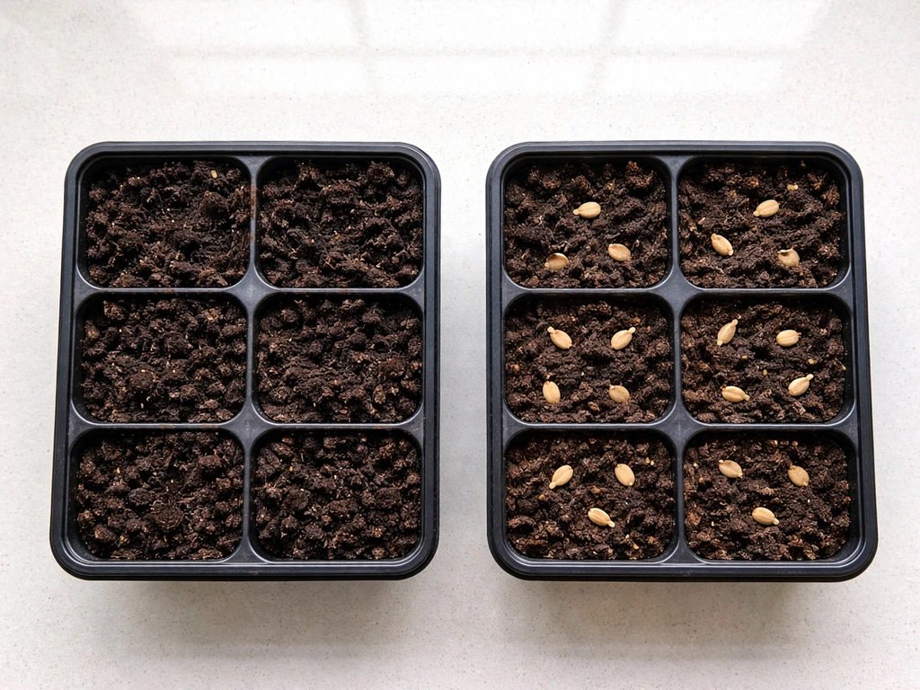 Top-down photo of two trays: buried seeds in soil vs seeds pressed on the surface with a bright light gap.