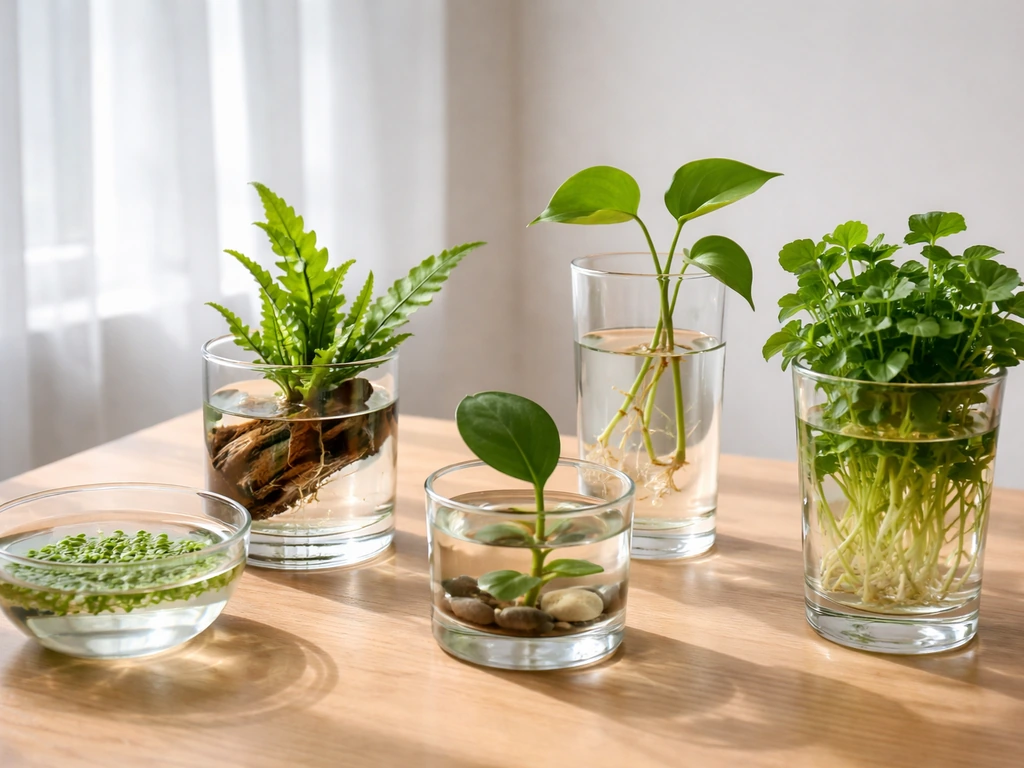 Beginner-friendly water plants in clear glass cups on a table under natural window light