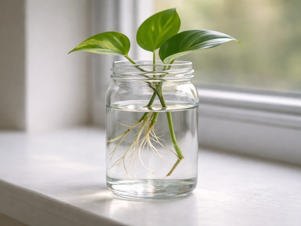 Pothos/philodendron cutting in a clear jar, roots in water and green leaves above the waterline.