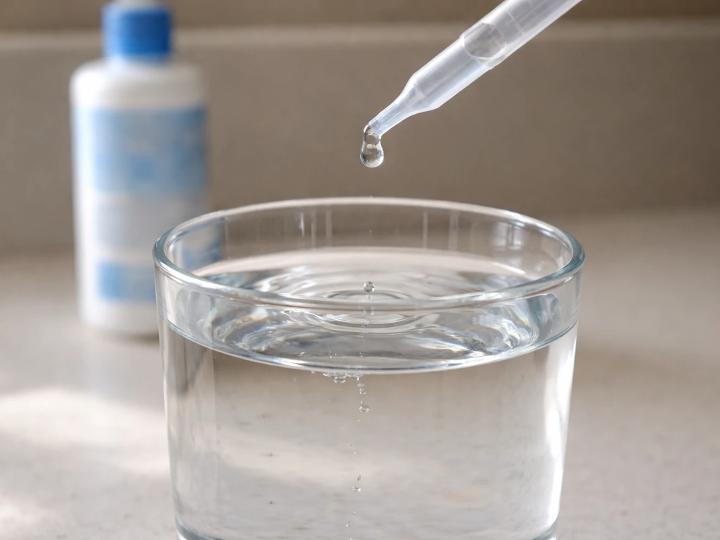 Pipette adding dechlorinator drops into clear container of tap water for aquarium use