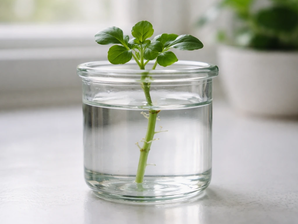 Watercress cutting submerged in a clear jar with nodes under water and leaves kept above waterline.