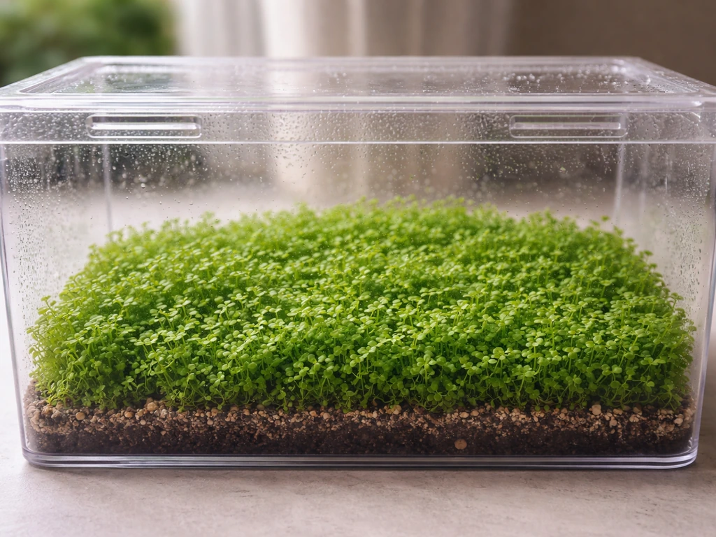 Lush Monte Carlo carpeting plant in a clear humid chamber with visible substrate and condensation.