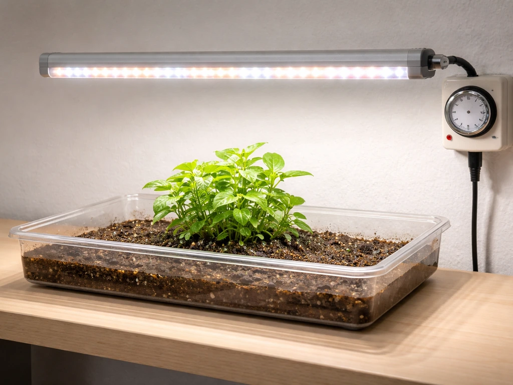 Full-spectrum LED light over an emersed plant setup with a small timer device nearby