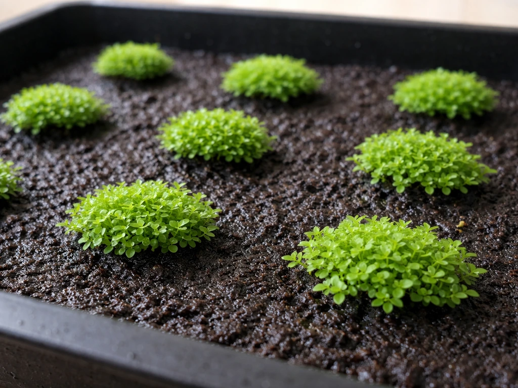 Small Monte Carlo clumps spaced 1–2 cm apart on moist substrate, ready for planting